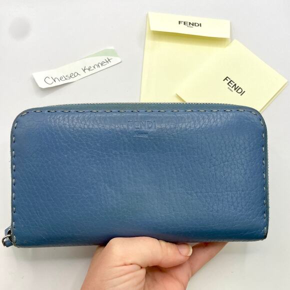 Fendi Romano Selleria Zip Around Wallet Continental Blue Calfskin Thick Stitches - Picture 1 of 15